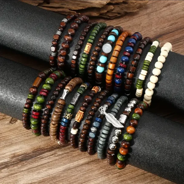 22-Piece Vintage Bohemian Wooden Beaded Bracelet Set – Turquoise & Cat's Eye Stacking Fashion