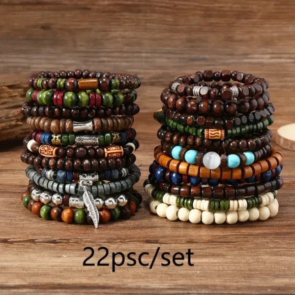 22-Piece Vintage Bohemian Wooden Beaded Bracelet Set – Turquoise & Cat's Eye Stacking Fashion