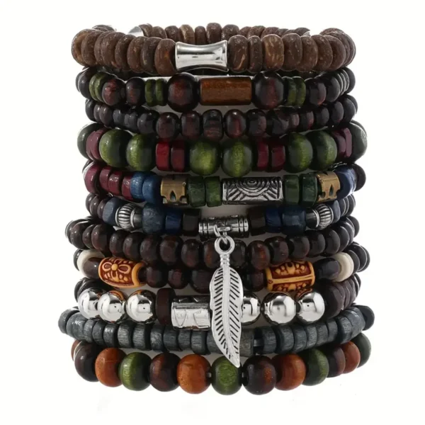 22-Piece Vintage Bohemian Wooden Beaded Bracelet Set – Turquoise & Cat's Eye Stacking Fashion