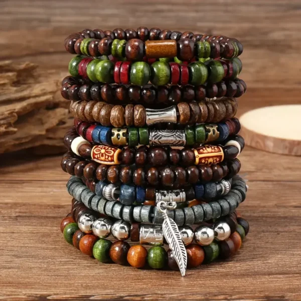 22-Piece Vintage Bohemian Wooden Beaded Bracelet Set – Turquoise & Cat's Eye Stacking Fashion