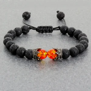 Black Lava Stone Crown Charm Bracelet – Handmade Tiger Eye Beaded Adjustable Jewelry for Men and Women