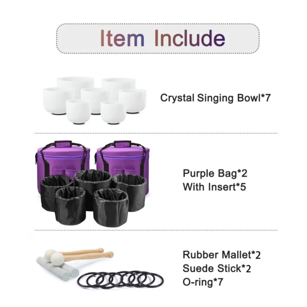 CVNC 7-Piece Frosted Quartz Crystal Singing Bowl Set - 6-12"/7-12" Chakra CDEFGAB Notes for Sound Healing with Free Bags