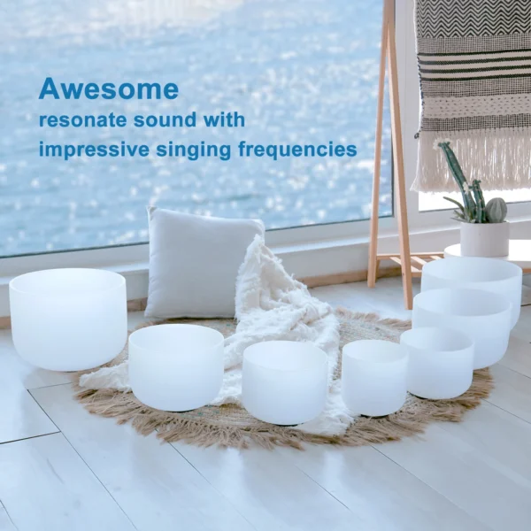 CVNC 7-Piece Frosted Quartz Crystal Singing Bowl Set - 6-12"/7-12" Chakra CDEFGAB Notes for Sound Healing with Free Bags