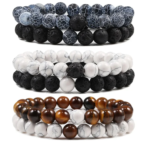 Couples Distance Bracelets – Black & White Lava Stone and Tiger Eye Beaded Yoga Jewelry