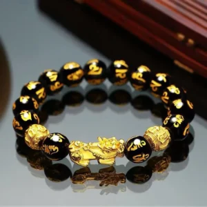 Feng Shui Lucky Prayer Beads Bracelet – Gold Pixiu Wealth and Good Luck Wristband for Men and Women