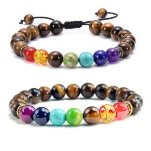 7 Chakra Natural Lava and Tiger Eye Stone Bracelet – Adjustable Healing Therapy Jewelry for Men and Women