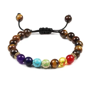 7 Chakra Natural Stone Bracelet – Healing Tiger Eye and Black Lava Adjustable Yoga Jewelry for Men and Women