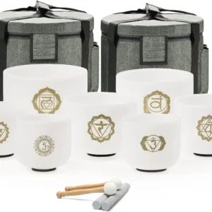 CVNC 7-Piece Chakra Frosted Quartz Crystal Singing Bowl Set - 432Hz with Bags