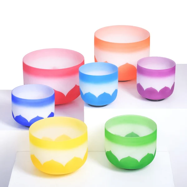 KVKA 7-Piece Chakra Lotus Frosted Quartz Singing Bowl Set - 7"-12" 432Hz with Free Case
