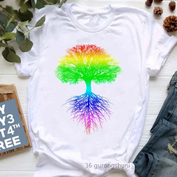 Rainbow Tree Print Buddha Chakra T-Shirt for Women - Meditation Yoga Tee