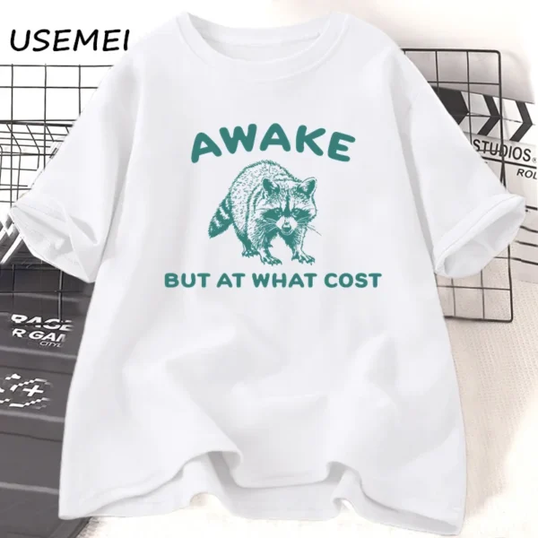 Retro 'Awake But At What Cost' Raccoon T-Shirt - Vintage Cotton Short Sleeve