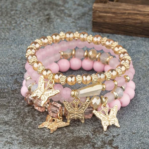 4-Piece Trendy Butterfly Beaded Bracelet Set – Pink Acrylic Bohemian Jewelry for Women