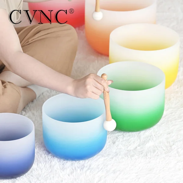 CVNC 7-Piece Half Color Aria Gradient Frosted Quartz Singing Bowl Set - 6-12" for Sound Healing with Bags