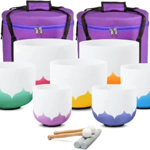 CVNC 7-Piece Chakra Frosted Quartz Crystal Singing Bowl Set - 440Hz Lotus Design with Free Bags