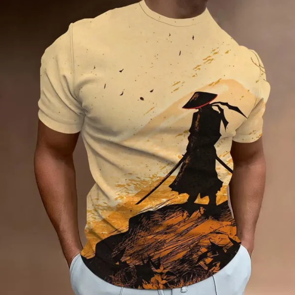 Retro 3D Samurai Print T-Shirt for Men - Oversized Short Sleeve Casual Top