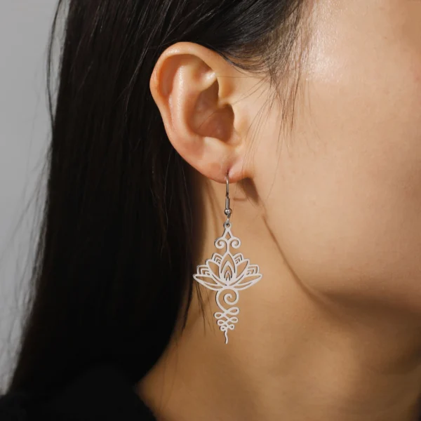 Skyrim Unalome Lotus Flower Earrings – Stainless Steel Spiritual Jewelry for Women