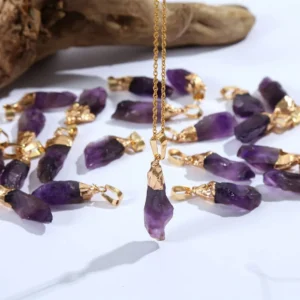 Natural Amethyst Quartz Crystal Pendant with Gold Cap – Healing Stone Amulet