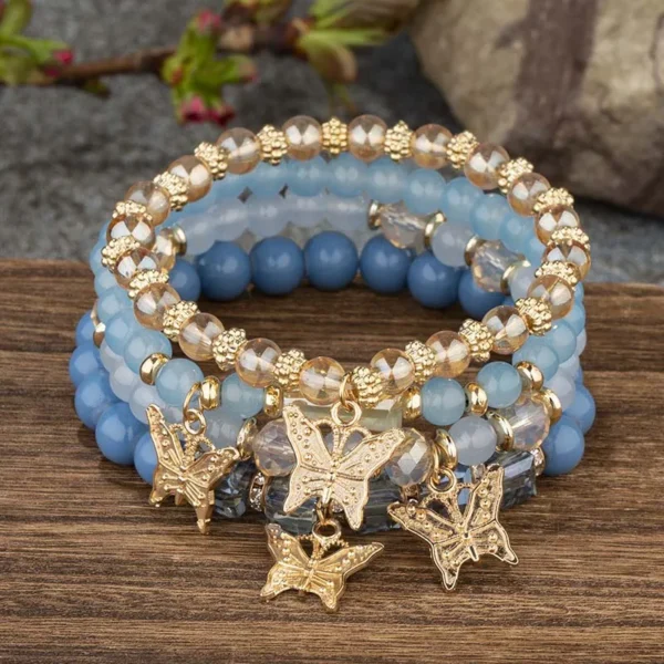 4-Piece Trendy Butterfly Beaded Bracelet Set – Pink Acrylic Bohemian Jewelry for Women