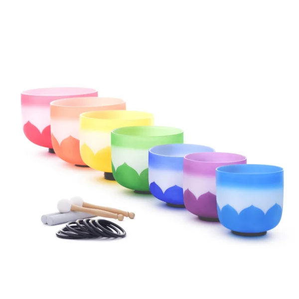 KVKA 7-Piece Chakra Lotus Frosted Quartz Singing Bowl Set - 7"-12" 432Hz with Free Case