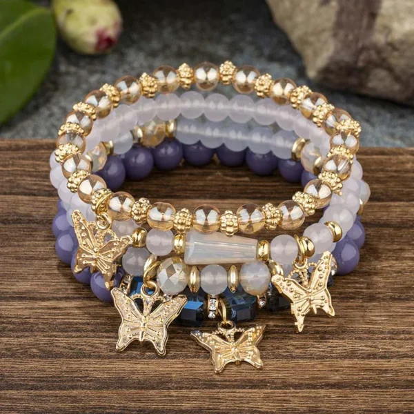4-Piece Trendy Butterfly Beaded Bracelet Set – Pink Acrylic Bohemian Jewelry for Women