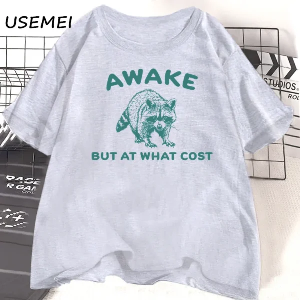 Retro 'Awake But At What Cost' Raccoon T-Shirt - Vintage Cotton Short Sleeve