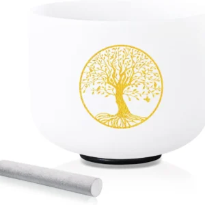 CVNC 8" F Note Heart Chakra Crystal Singing Bowl - 432Hz Frosted Quartz Tree of Life