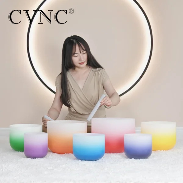 CVNC 7-Piece Half Color Aria Gradient Frosted Quartz Singing Bowl Set - 6-12" for Sound Healing with Bags