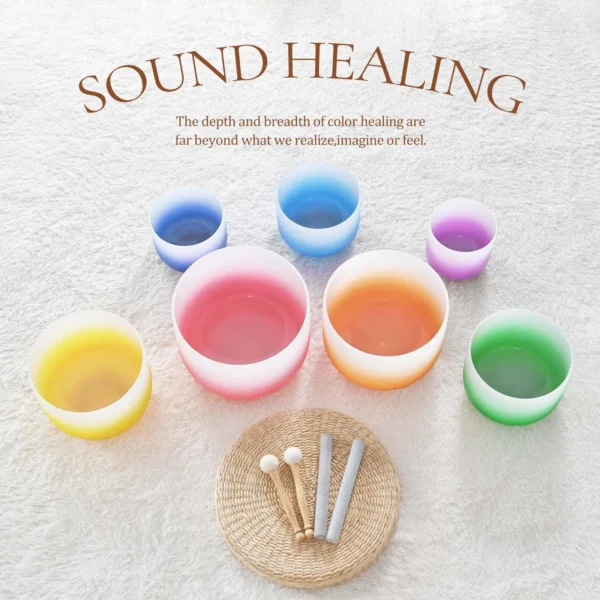 CVNC 7-Piece Half Color Aria Gradient Frosted Quartz Singing Bowl Set - 6-12" for Sound Healing with Bags
