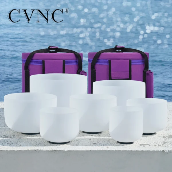 CVNC 7-Piece Frosted Quartz Crystal Singing Bowl Set - 6-12"/7-12" Chakra CDEFGAB Notes for Sound Healing with Free Bags