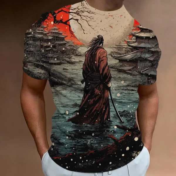 Retro 3D Samurai Print T-Shirt for Men - Oversized Short Sleeve Casual Top