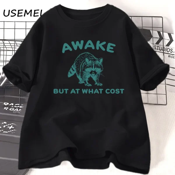 Retro 'Awake But At What Cost' Raccoon T-Shirt - Vintage Cotton Short Sleeve