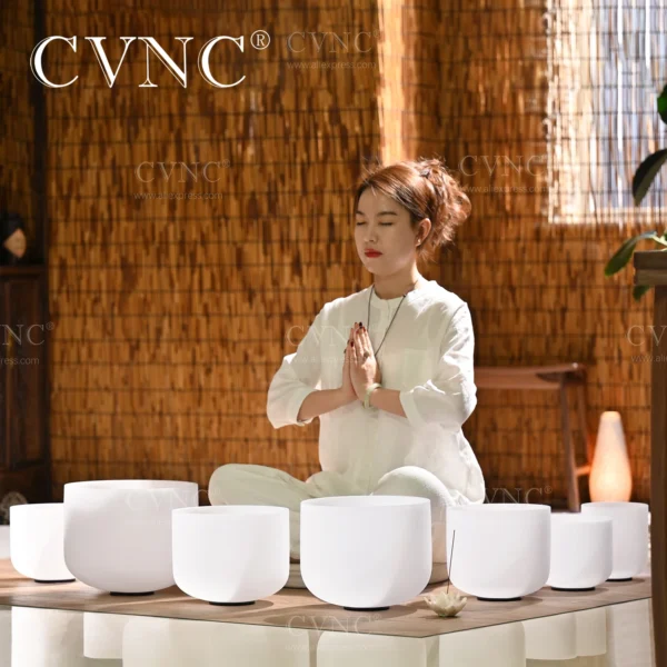 CVNC 7-Piece Frosted Quartz Crystal Singing Bowl Set - 6-12"/7-12" Chakra CDEFGAB Notes for Sound Healing with Free Bags