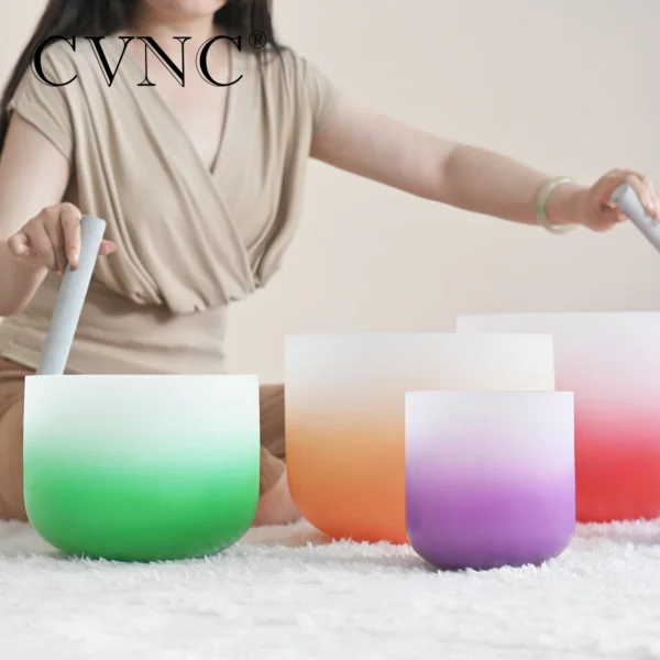 CVNC 7-Piece Half Color Aria Gradient Frosted Quartz Singing Bowl Set - 6-12" for Sound Healing with Bags