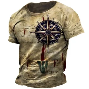 Vintage 3D Print Navigation Compass T-Shirt for Men - Summer Streetwear
