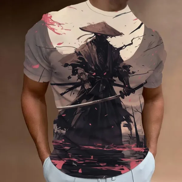 Retro 3D Samurai Print T-Shirt for Men - Oversized Short Sleeve Casual Top