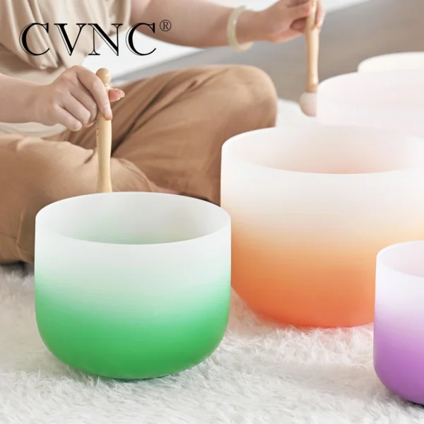 CVNC 7-Piece Half Color Aria Gradient Frosted Quartz Singing Bowl Set - 6-12" for Sound Healing with Bags