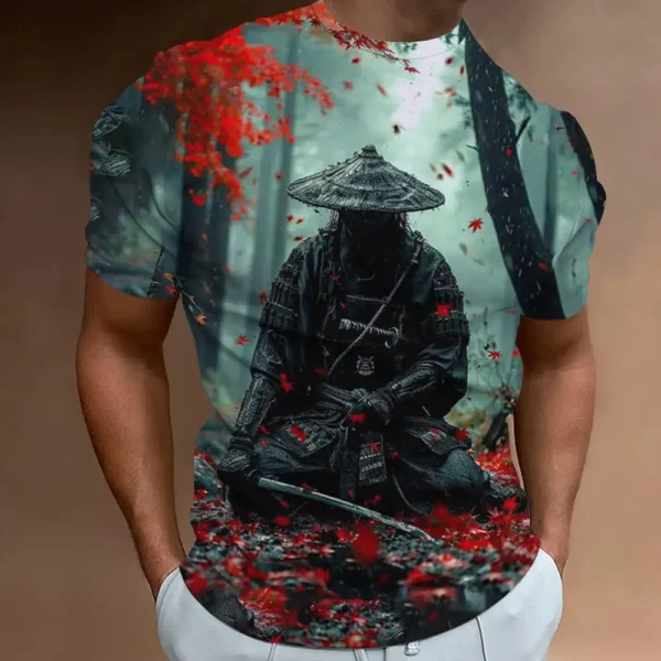 Retro 3D Samurai Print T-Shirt for Men - Oversized Short Sleeve Casual Top