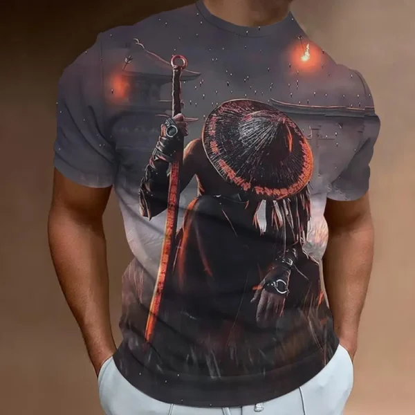 Retro 3D Samurai Print T-Shirt for Men - Oversized Short Sleeve Casual Top