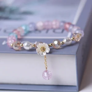 Korean Fashion Shell Flower Beaded Bracelet – Colorful Crystal Charm Jewelry for Women