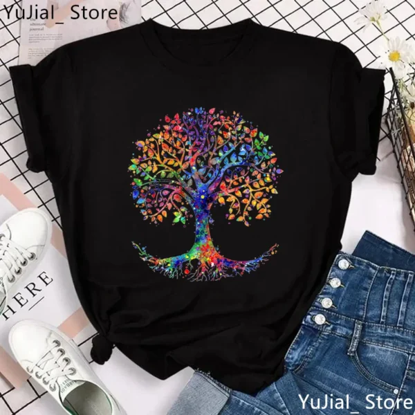 Rainbow Tree Print Buddha Chakra T-Shirt for Women - Meditation Yoga Tee