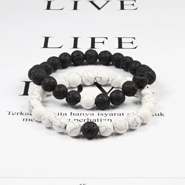 Couples Distance Bracelets – Black & White Lava Stone and Tiger Eye Beaded Yoga Jewelry