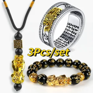 3-Piece Pixiu Set – Obsidian Bracelet, Ring, and Necklace for Wealth and Good Luck